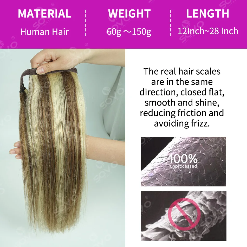 100% Human Hair Ponytail Brazilian Straight Remy Magic Wrap Around Ponytail Clip In Horsetail wig Extension 100g 120g 150g 3