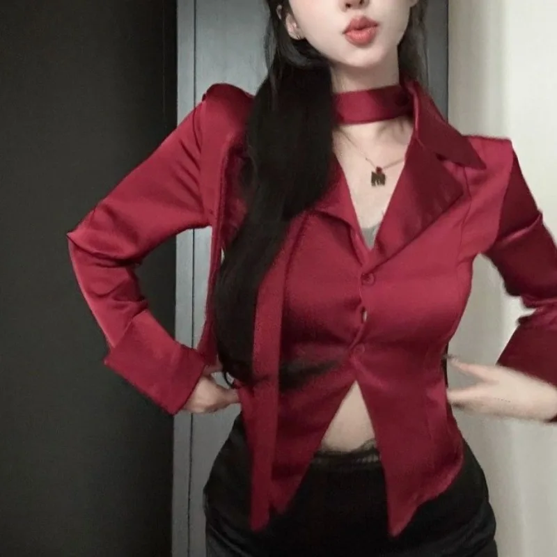 Suit Collar Women's Spring New Patchwork Fashion Solid Color French Style Waistband Button Slim Fit Casual Long Sleeved Shirt