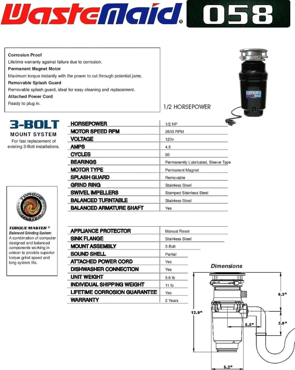 10-US-WM-058-3B Garbage Disposal Anti-Jam Stainless Steel Food Waste Grinding System, 1/2 HP Economy, Black | USA | NEW 4
