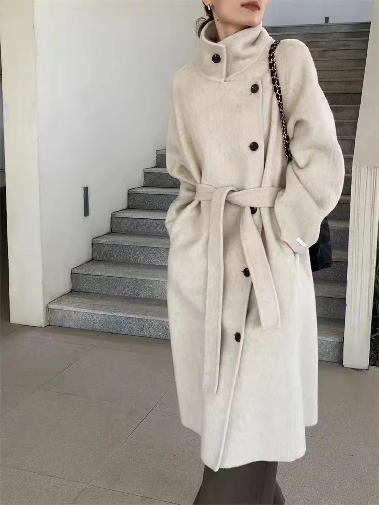 

New 2023 high fashion Women Natural Fox Fur Collar Cashmere Woolen coats Office Lady Wool & Blends winter jacket women
