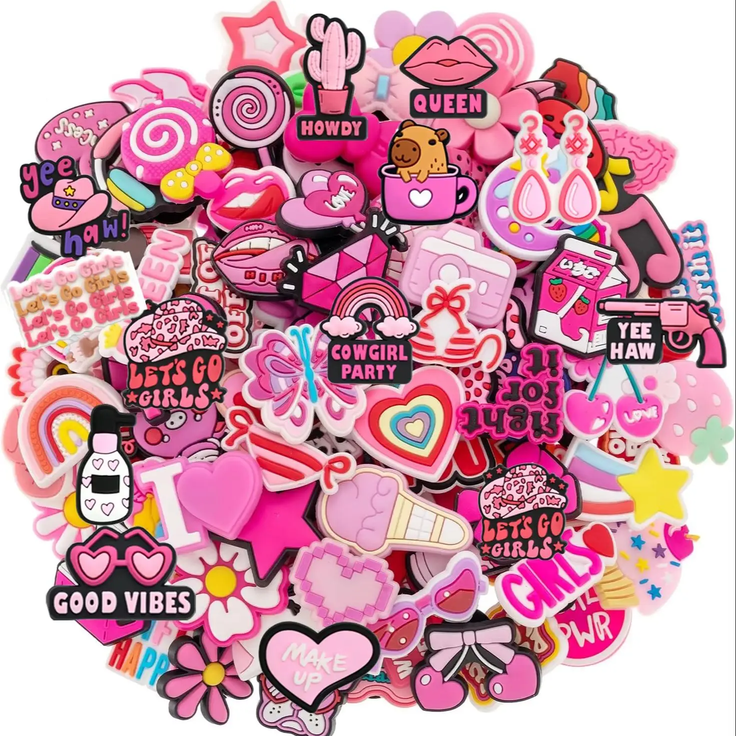 Random 10-100Pcs Pink Series Shoe Charms , PVC Shoe Decorations Accessories for Christmas, Birthday, Party, Gift Shoes Pins