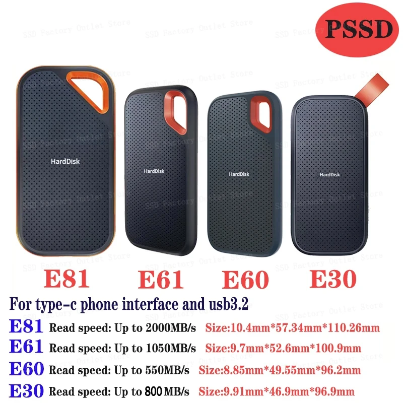 

2024 Portable External SSD E30 E81 4TB 2000MB/s External Hard Drive USB 3.2 Type-C 1TB 2TB Solid State Disk For Laptop Desktop