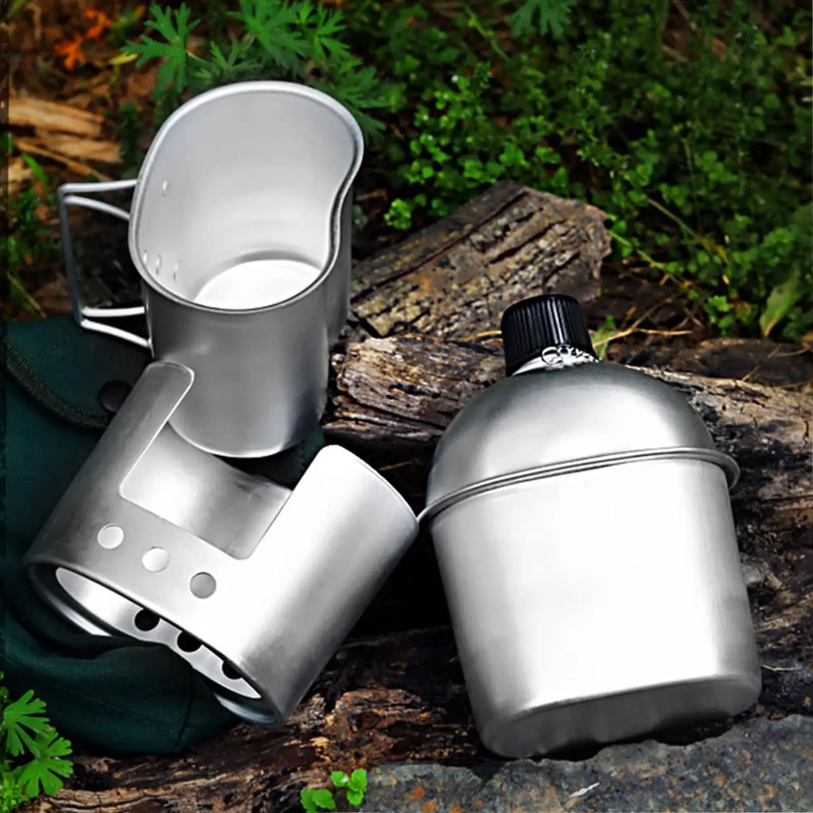 Lightweight Canteen Water Bottle Portable Alcohol Stove Lunch Box Camping Cookware Set Aluminum Canteen Cup Wood Stove Set