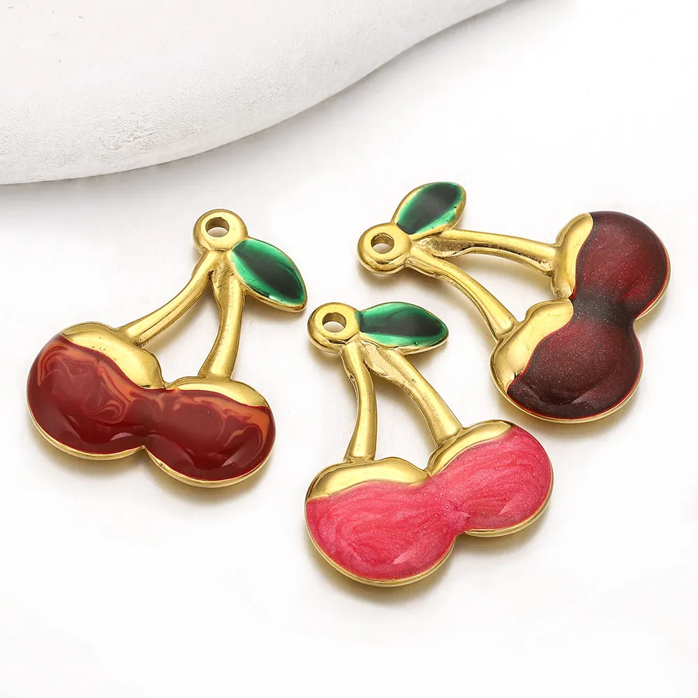 2-5pcs Stainless Steel Enamel Strawberry Cherry Gold-plated Charms DIY Necklaces Bracelet Earrings Jewelry Making Materials
