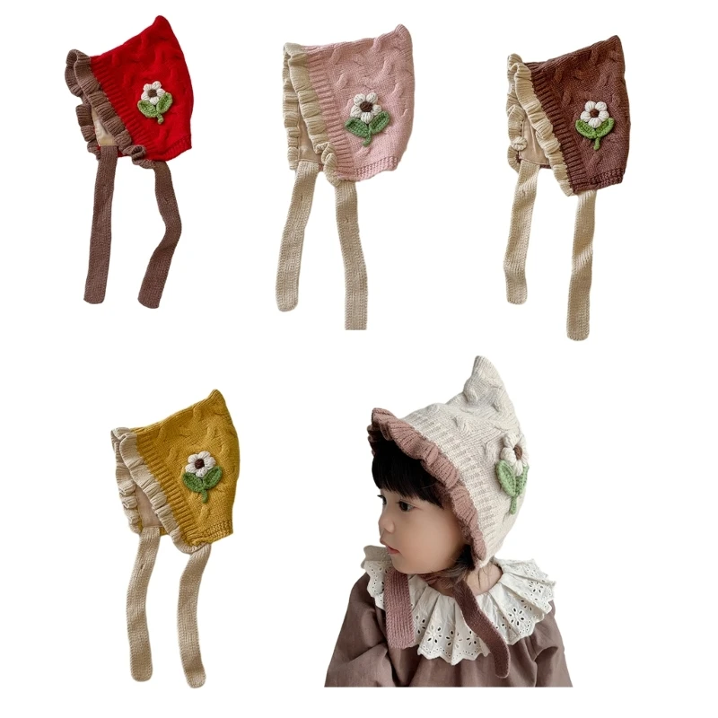 

Earflap Knit Hat with Flower Decorations Warm Headwear for Girls in Cold Weather D7WF