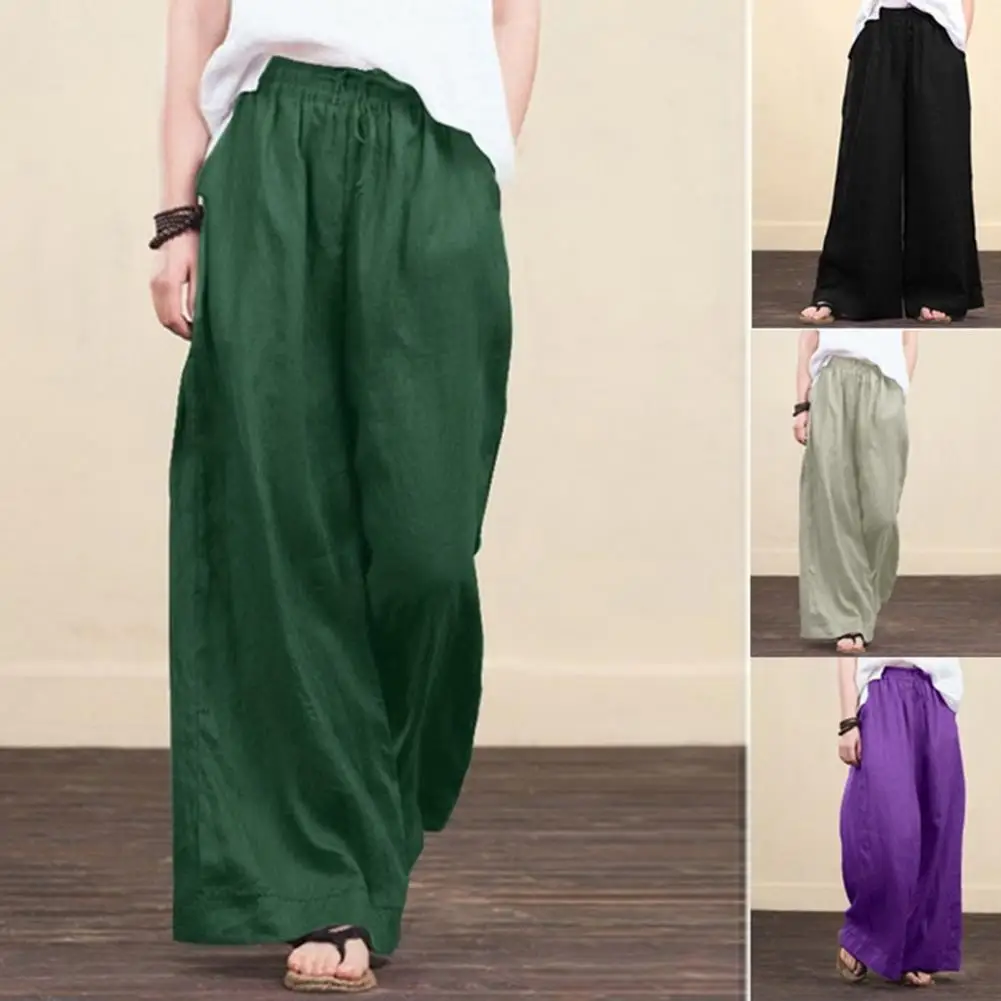 New Vintage Linen Elastic Waist Wide Leg Pants Women Long Trousers ...