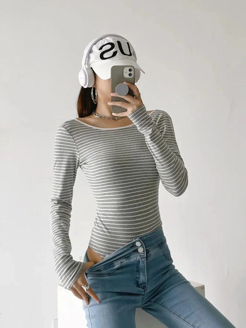 Women Cotton Low Back Long Sleeve Black And White Striped Bodysuit