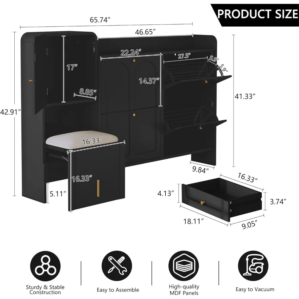 Modern Shoe Cabinet with 4 Flip Drawers, Large Shoe Storage Cabinet with Hidden Stool & Adjustable Shelves, Wood Shoe Rack Organ 2
