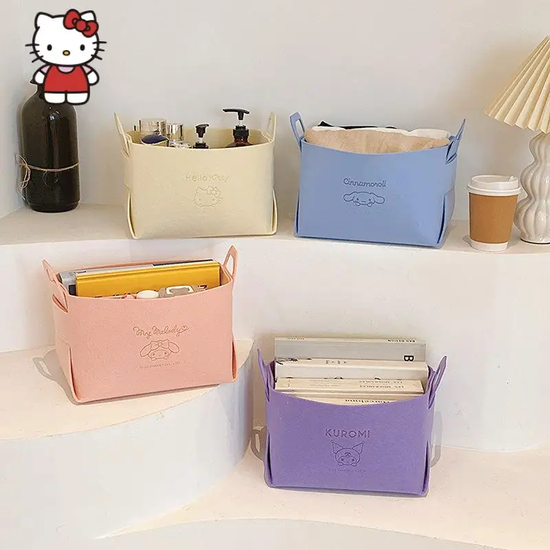 

Kawaii Hello Kitty MINISO Folding Storage Basket Anime Melody Kuromi Large Capacity Debris Storage Toys Underwear Felt Basket