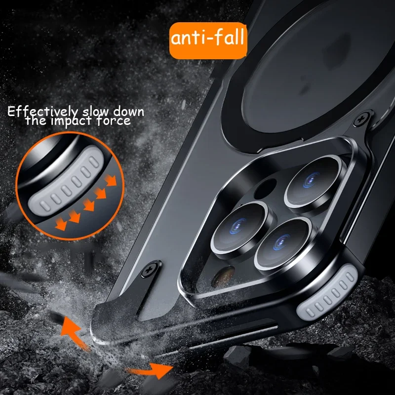 For iphone15 14 13 Pro Max Case Metal Magsafe frame four corner airbags Transparent leather Finger Ring car Phone Holder cover