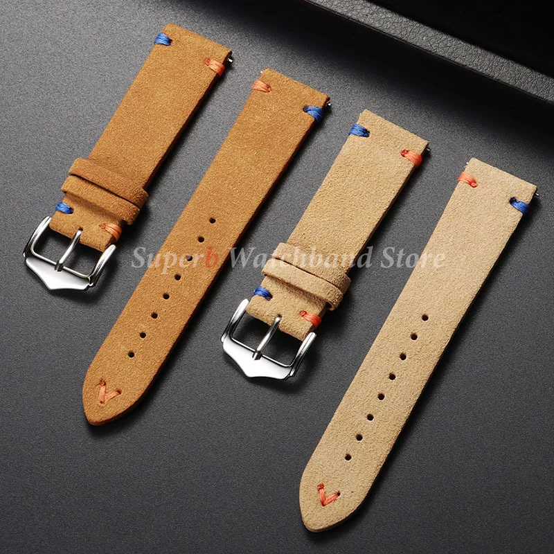 Vintage Suede Leather Watch Strap with Handmade Stitching – Soft and Universal Replacement Wristband