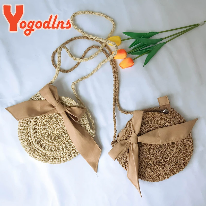 Summer Bow Straw Bag Round Rope Shoulder Bags Simple Woven Knitting Crossbody Bag Fashion Small Beach Handbag Casual