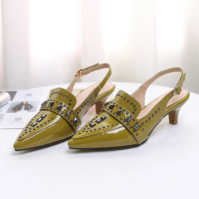 

Classic Women Wrap Toe Sandals Plus Size High Heels Cow Patent Leather Pointed Rivet Sandals Elegant Woman Shoes with Low Heels