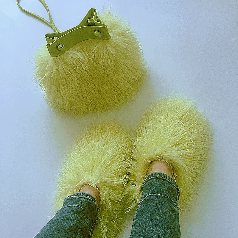 New fashion Women's Party Winter Imitation Wool Shoulder Bag Slippers Set girl's Bucket Bag WBS501