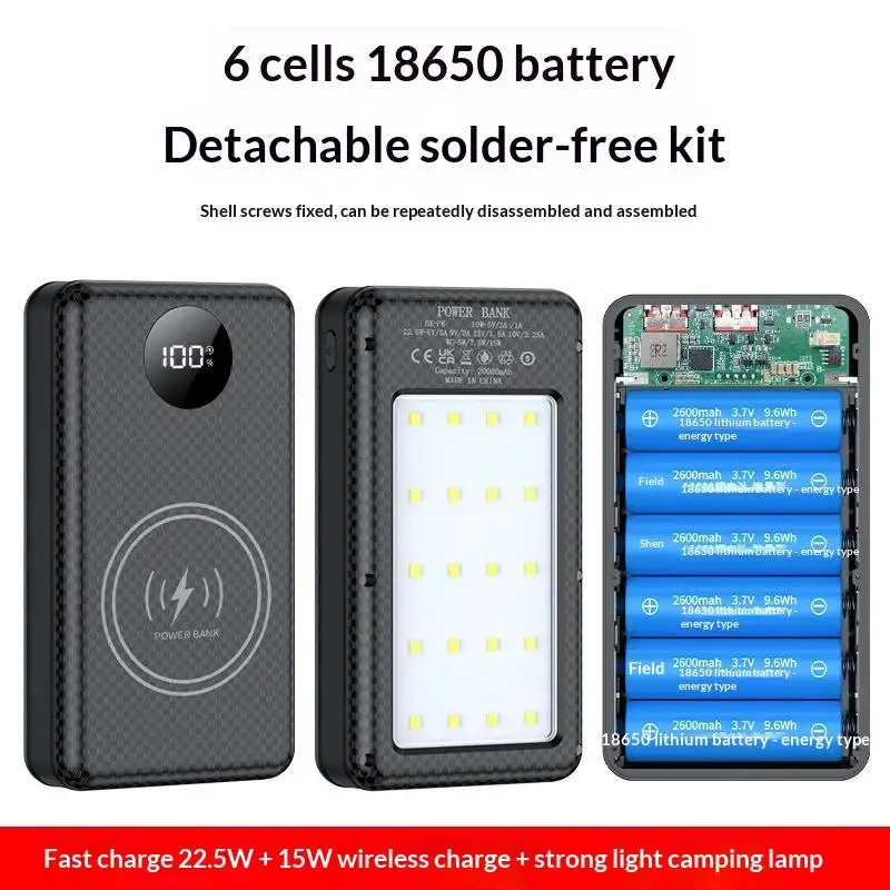 1 Stück Dual-USB-Typ-C-Ladegehäuse 6*18650 Powerbank-Batteriebox-Halter mit Campingbeleuchtung für Handy 18650 Batteriegehäuse – Detail 1