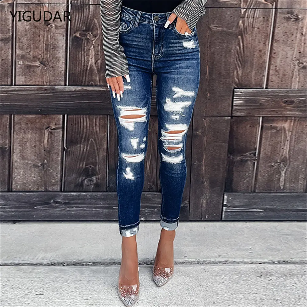 jeans Ripped High Waist Trousers Skinny Denim Jeans Hollow Bleached Long Pants Hollow Bleached Pencil Pants women