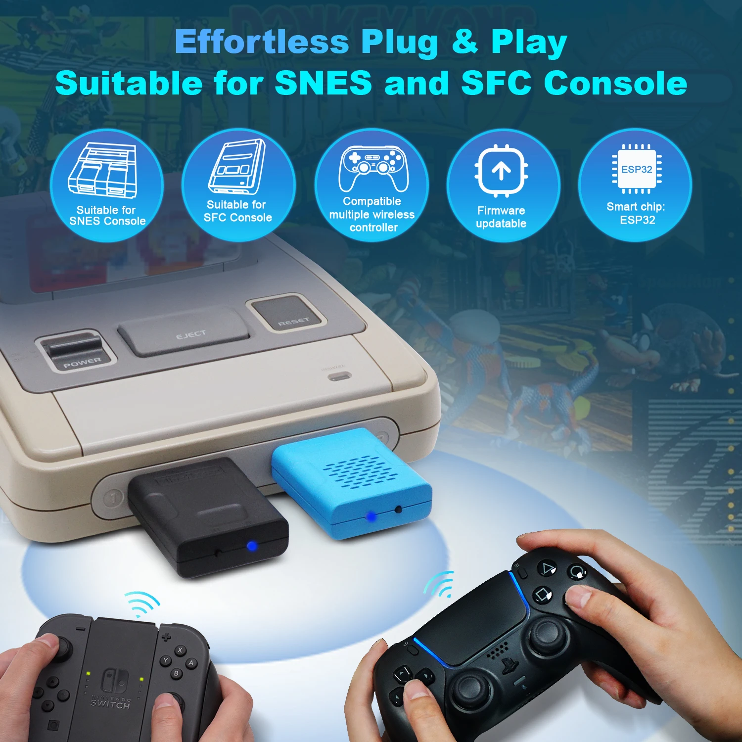 Blueretro Adattatore Per Controller Bluetooth Per Snes Sfc Retro Game Console Support Switch, Ps5, Xbox One,8 Controller Wireless Bitdo