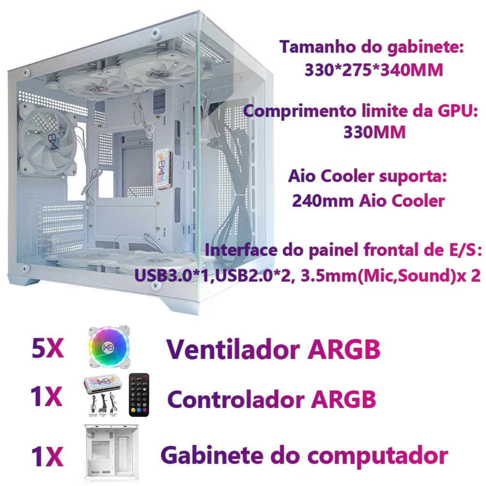 M-ATX Caixa do computador Mid Tower, 5 ventiladores ARGB, 1 controlador Inclusa Preto, Brand Computer Case