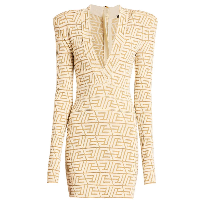 

Высококачественная эластичная трикотажная ткань с золотым лабиринтом с V-образным вырезом и длинными рукавами приталенное темпераментное повседневное женское платье