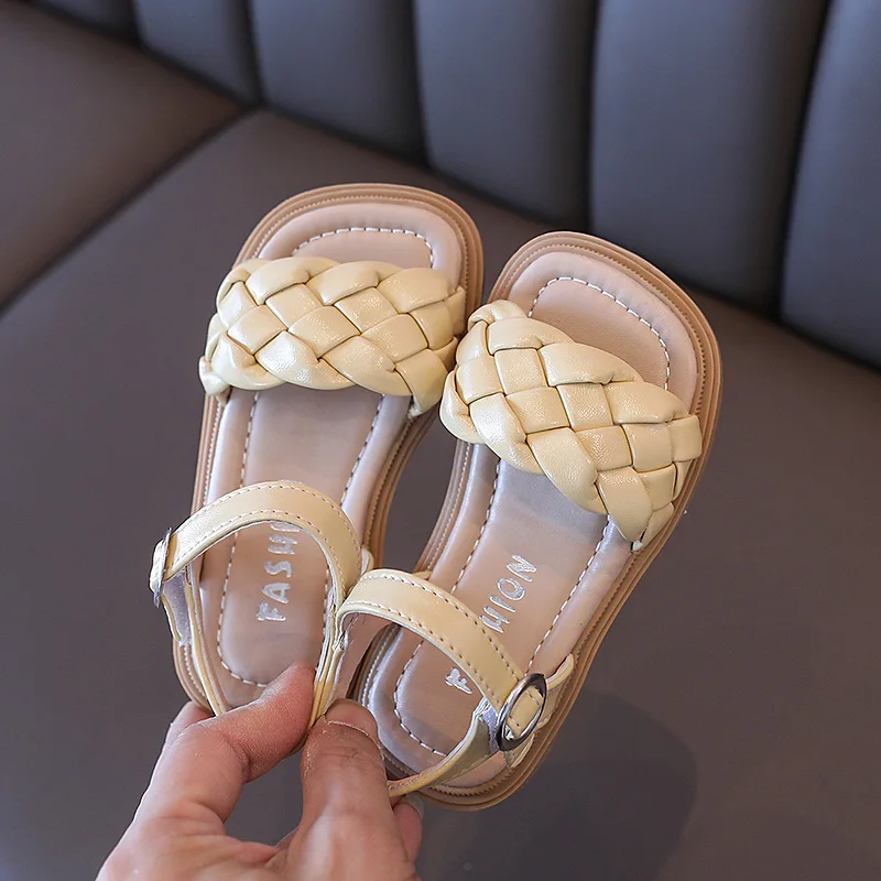 

Toddler Shoes Girl Summer Braided Vacation Square Toe Cute Children Sandals Beige Yellow 21-36 Pu Leather Fashion Kids Sliders