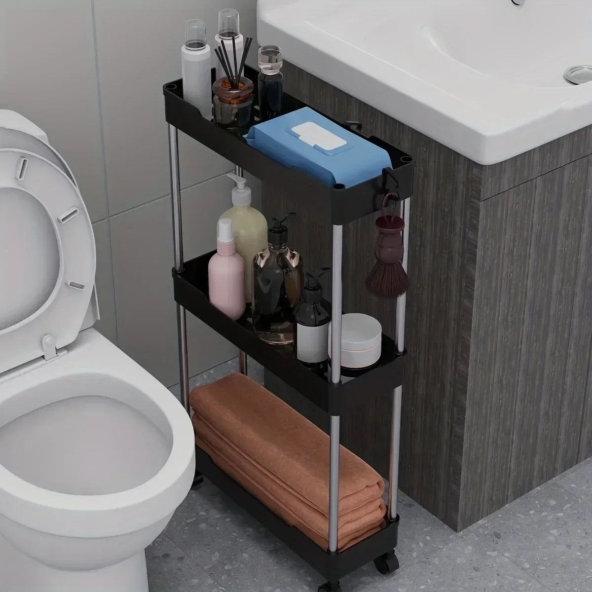 Bathroom Shelf Rack 3/4 Layer Rolling Cart Storage Organizer Multi-purpose Corner Shelf
