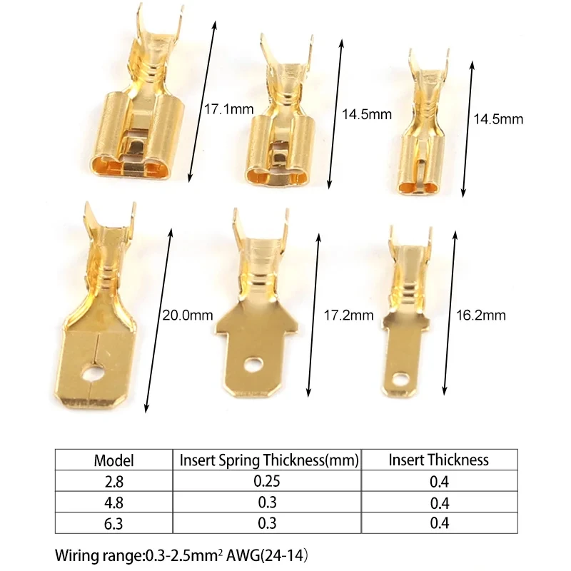 100-piece 2.8mm, 4.8mm, 6.3mm plug spring female spade cold crimping terminal connector car speaker wire connector set. images - 6