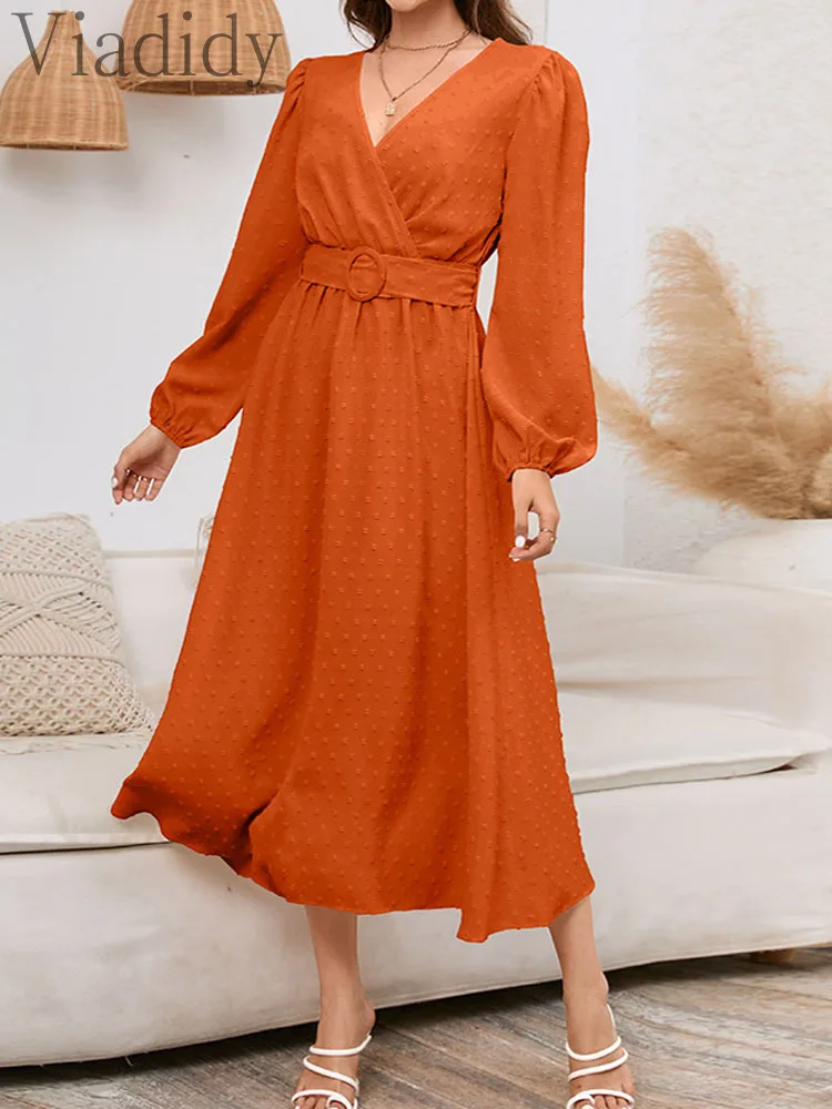 

Jacquard V-neck Long Sleeved Midi Dress With Belt