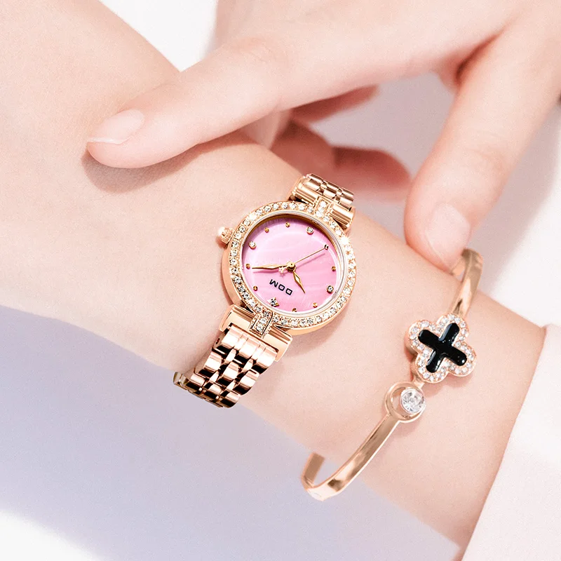 DOM Ladies Watch Fashion Square Ladies Quartz Watch Bracelet Set Pink Dial Simple Rose Gold Mesh Luxury Ladies Watch