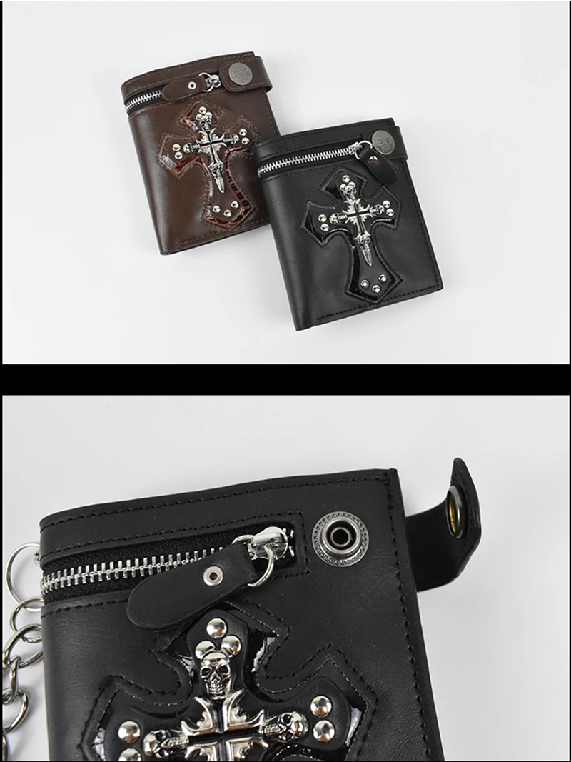 Punk-Stil, neu, 2025, Retro-Stil, Herren-Geldbörse mit Totenkopf-Kreuz, Clutch-Tasche, Kette, Nieten, Karten-Geldbörsen, Vintage-Rocker, multifunktionale Mini-Geldbörse – Detail 7