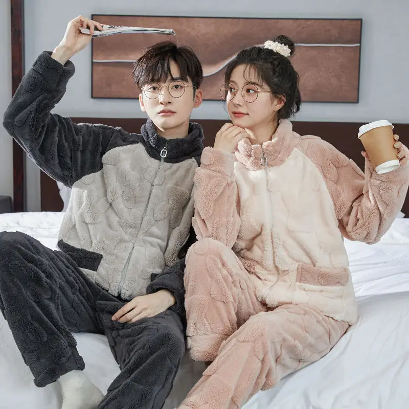 Pajama Pants Set Couple Pajamas Homewear Autumn Winter Padded Coral Velvet Thickened Zipper Comfortable Warm Simple Loose