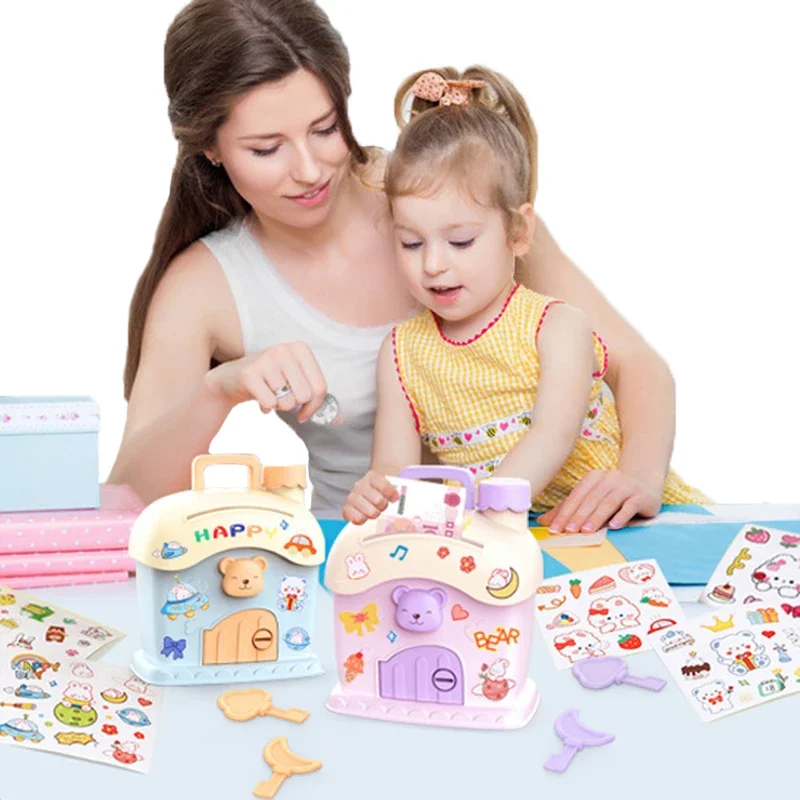 Kids Piggy Bank Cartoon DIY Stickers Piggy Bank Storage Box Small House key Kawaii Large Capacity Cute Holiday Gifts for Kids money saving box,piggy bank