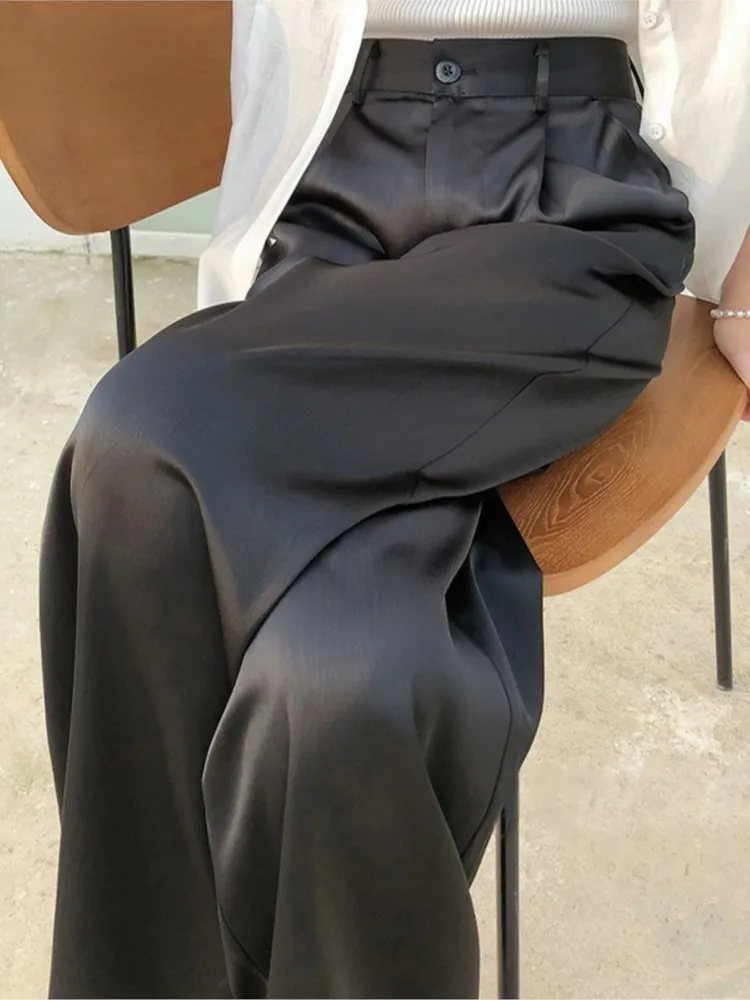 

Spring Summer Women's Pants Casual Loose Black Straight High Waist Korean Silk Satin Wide Leg Trousers Female Fashion Pantalon