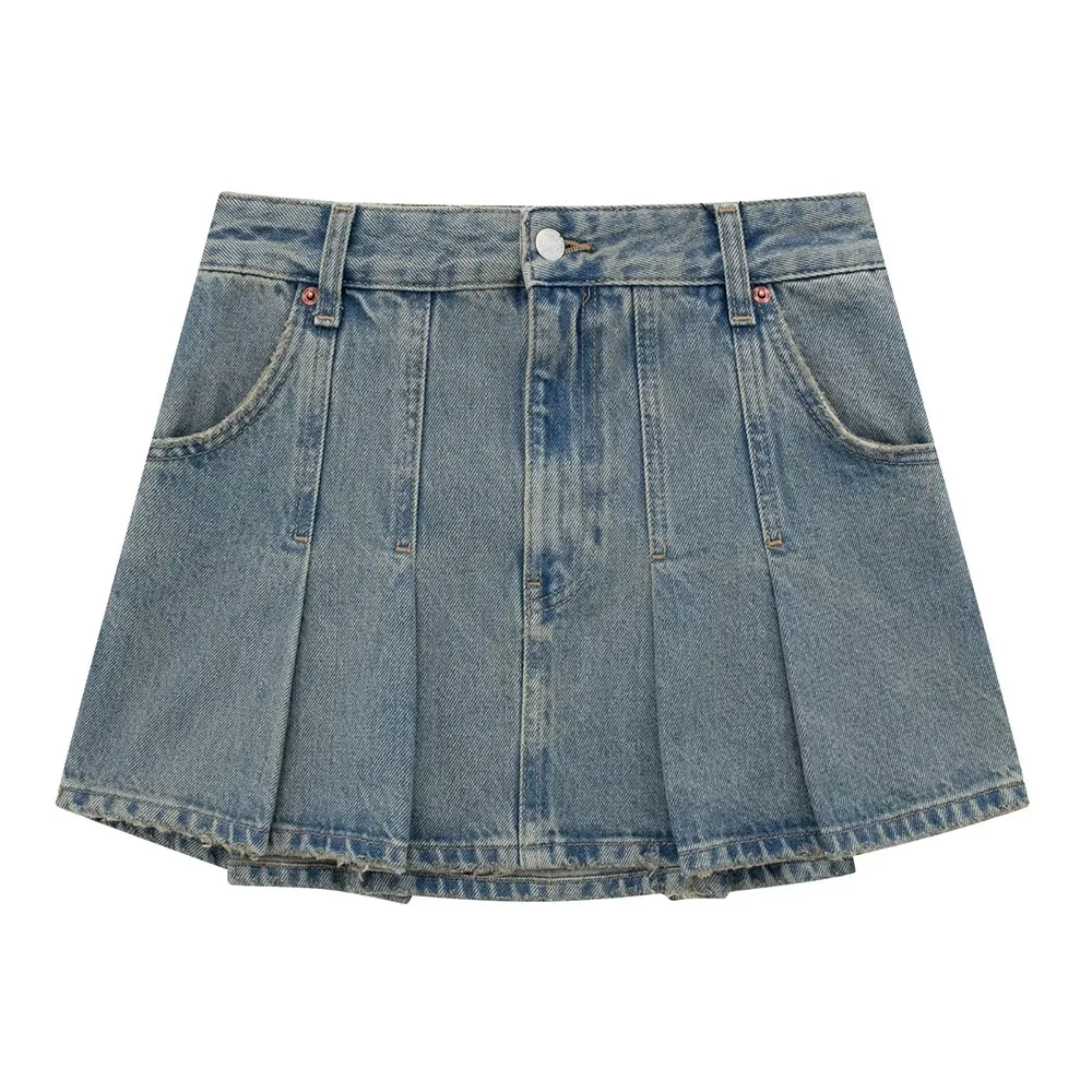 

Early autumn new fashion women's retro casual hot girl trend all-match high waist wide pleated denim mini skirt