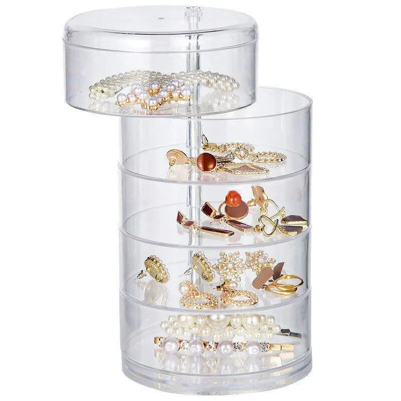 Rotating Jewelry Storage Box Makeup Storage Rack Bracelet Earring Round Plastic Organizer Boxes Holder Display Rack with Cover