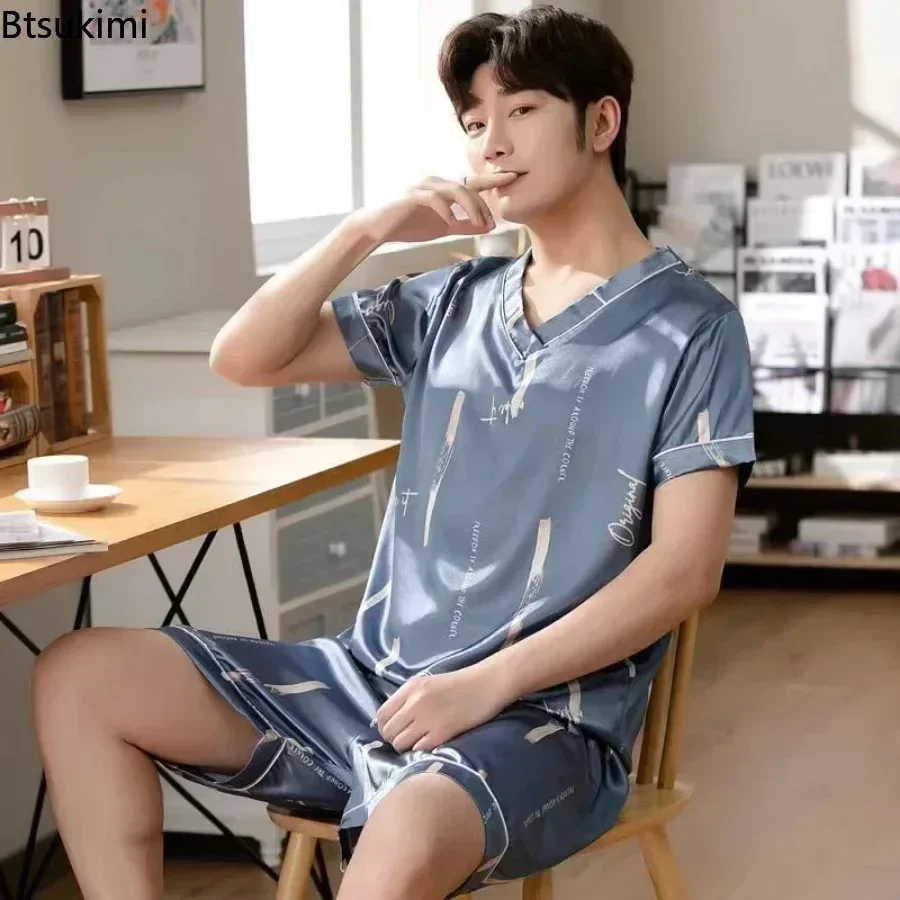 New Men's Summer Silk Pajama Sets Print Short Sleeve Pullover Tops and Shorts Homewear Suit Men Satin Casual Nightwear Sets