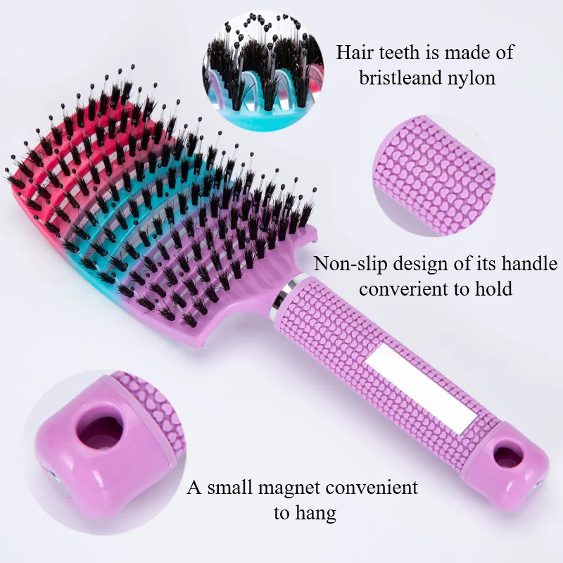 1pcs Detangling Curved Vented Boar Bristle Hair Brush Magic Scalp Massage Comb Hollow Out Anti-static for Wet Curly Hair Salon 2