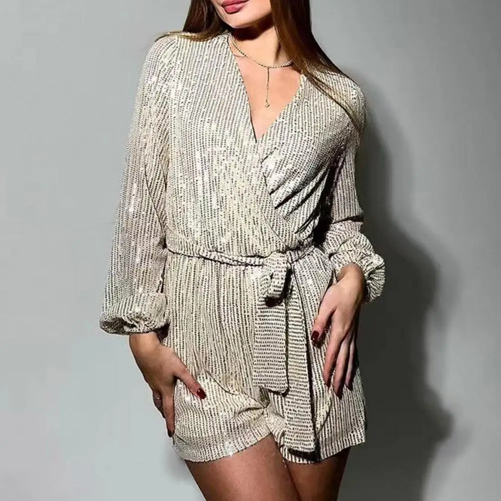Loose Style Romper Sequin Belted Women's Romper with Deep V Neck Long Lantern Sleeves for Club Party Tight Waist Above Knee