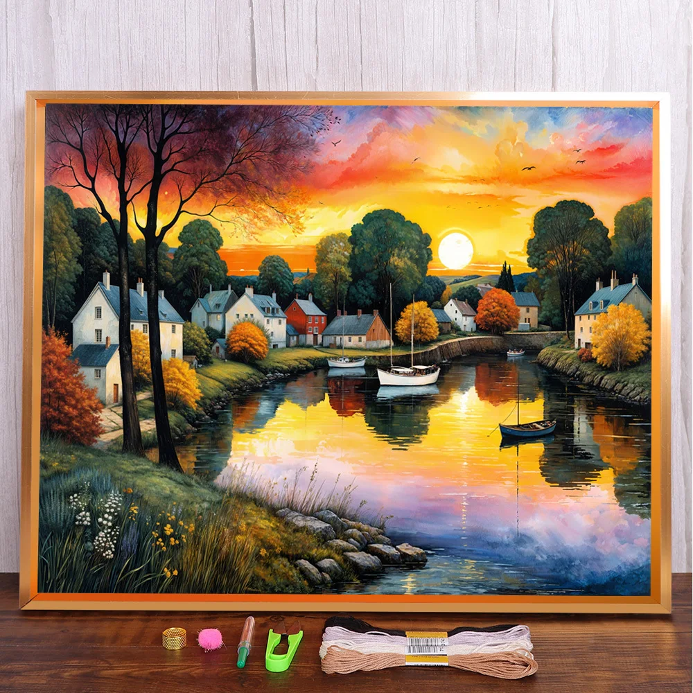 Landschaft Sunsine River Gedruckte Kreuzstichmuster Stickerei Stricken Handarbeit Handarbeit Malerei gestempelt für Erwachsene Zahnseide