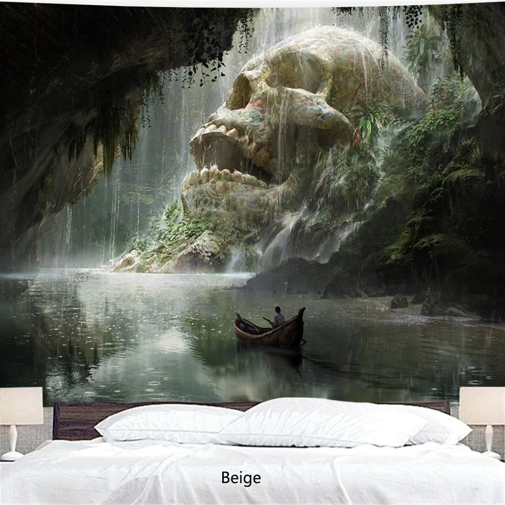 Natural Skull Head Water Spray Waterfall 3D Printing Tapestry Wall Home Decoration Wall Background Cloth(95X73cm/150X100 Cm) tapestry decor