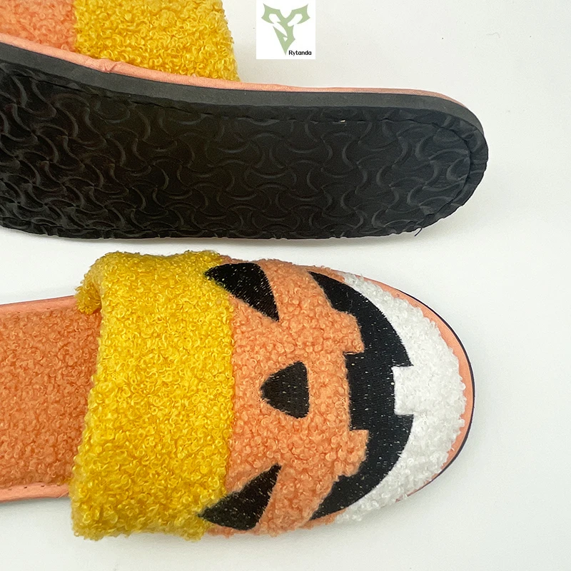 Rytanda Halloween Pumpkin Plush Slippers Funny Candy Corn Lantern Slippers Winter Autumn Warm House Cozy Cute Shoes Men Women