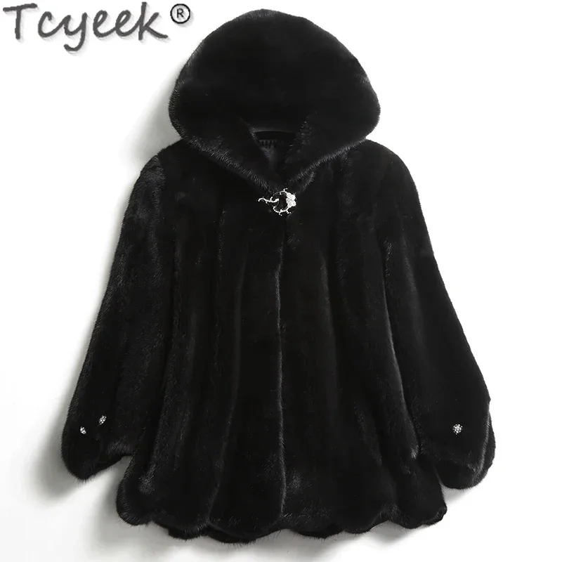 

Natural Tcyeek Mink Fur Jacket for Women Imported Whole Coat Winter Women's Black Hooded Real Coats Female