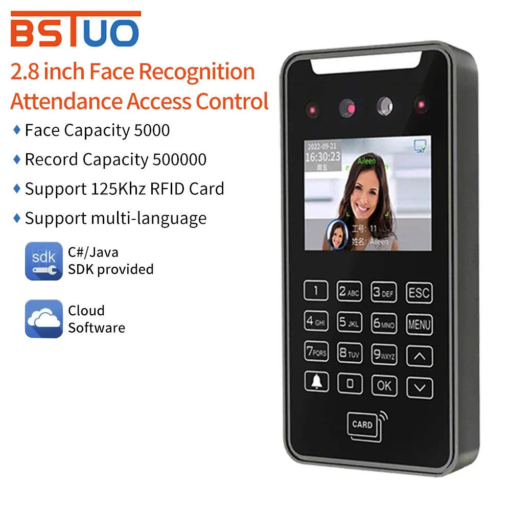 2.8Inch High-definition 2Mp HD Camera Facial Recognition Dynamic Face Wifi Access Control Time Attendance Machine RS485 API SDK