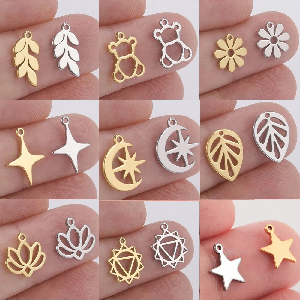 Stainless Steel Charms for Jewelry Making Bear Leaves Stars Pendant Mini Charm Bracelet DIY Accessories 5pcs/lot
