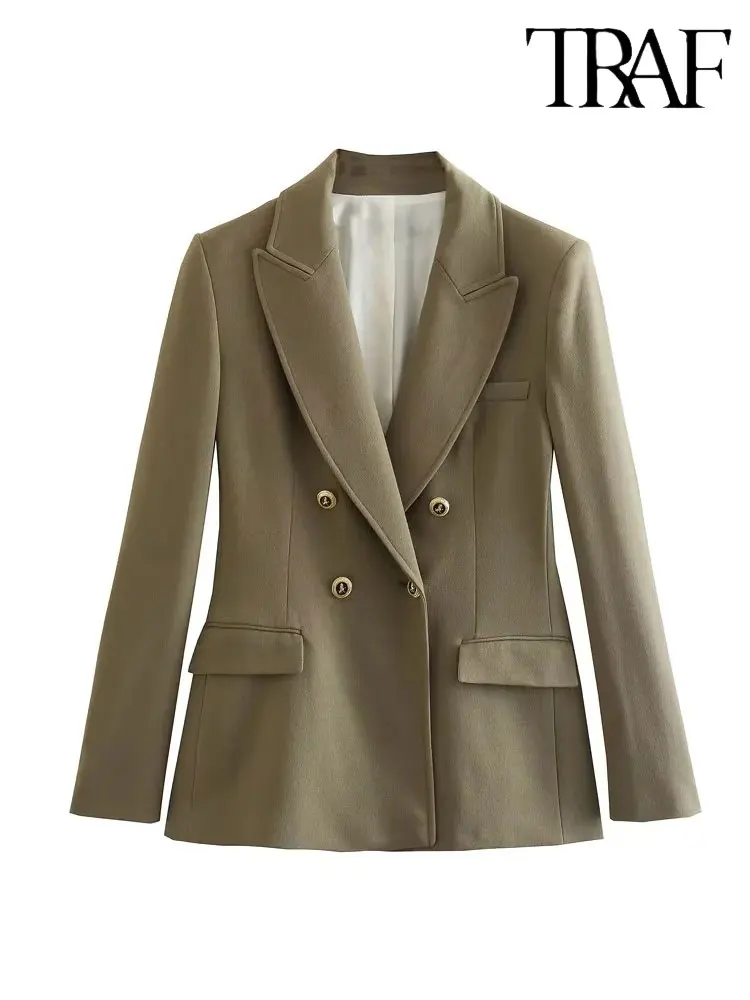 

TRAF 2023 Spring Autumn Women Blazer Jacket Fashion Vintage Button-up Office Ladies Suit Coat Top Long Sleeve Female Outerwear