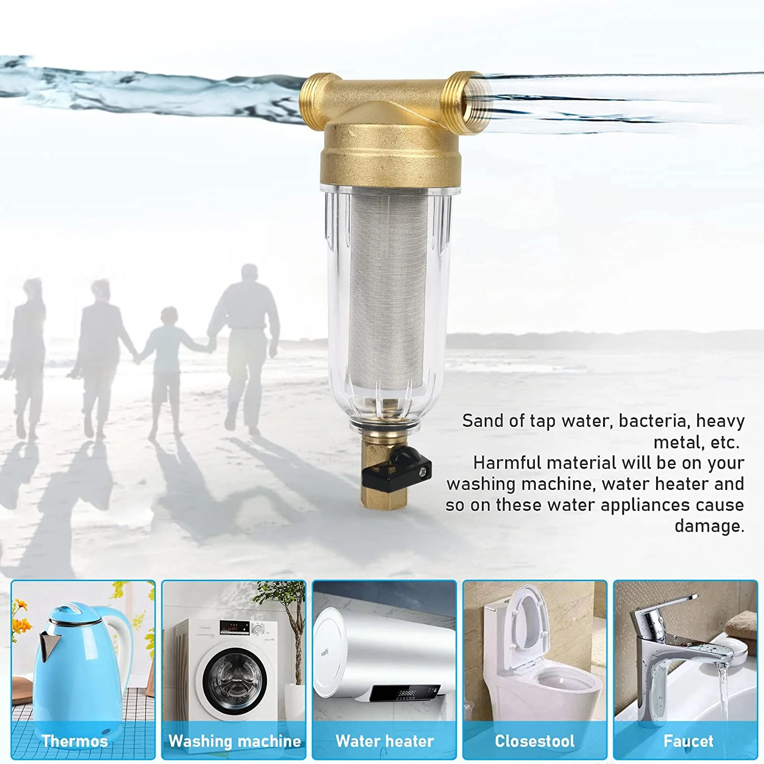 Reusable Whole House Spin Down Sediment Water Filter, 50 Micron Flushable Prefilter Filtration1" MNPT + 3/4" FNPT + 3/4"MNPT