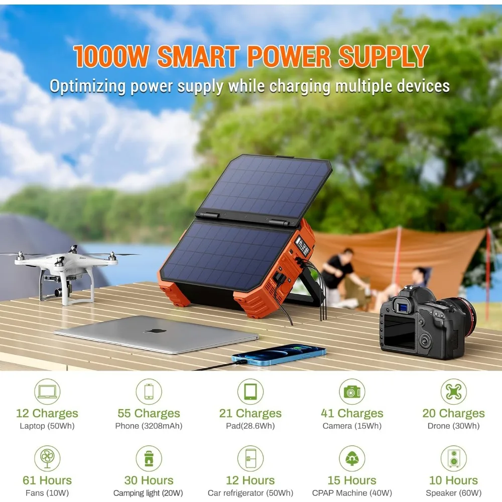 Portable Power Station 1000W with Built-in Solar Panel, 614WH/192000mAh LiFePO4 Battery Pack, Solar Generator with AC/DC/USB/PD 4