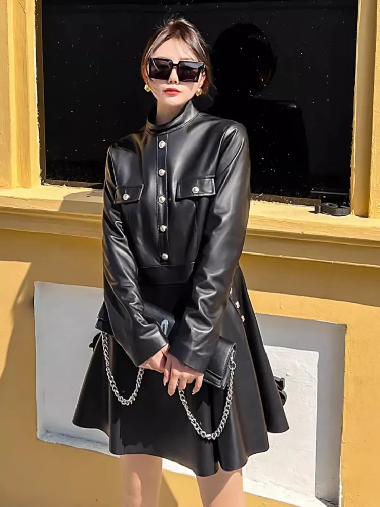 Spring New Women Long Sleeve Stand Collar Sheepskin Genuine Leather Dress  Punk Style Ladies Slim Waist A Line Ladies Mini Dress - AliExpress 200000345