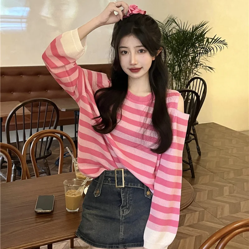 

Женская футболка с открытыми плечами UStriped, свободная Приталенная футболка с длинным рукавом, в Корейском стиле, весна-лето