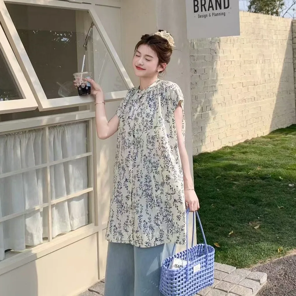 출산복 셔츠 여름 패션 미디 드레스 루즈핏 쉬폰 출산복 스커트 셔츠 반팔 린넨 탑 여름 플로럴 프린트