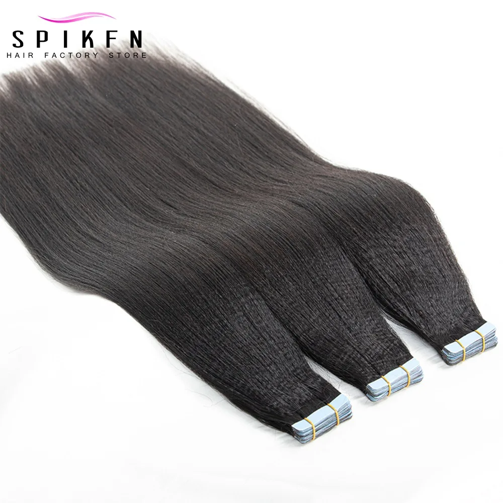 Light Yaki Tape In Hair Extensions 20pcs Yaki Straight Double Side Tape Human Hair Natural Black Color 1B 12"-24" Salon Supply